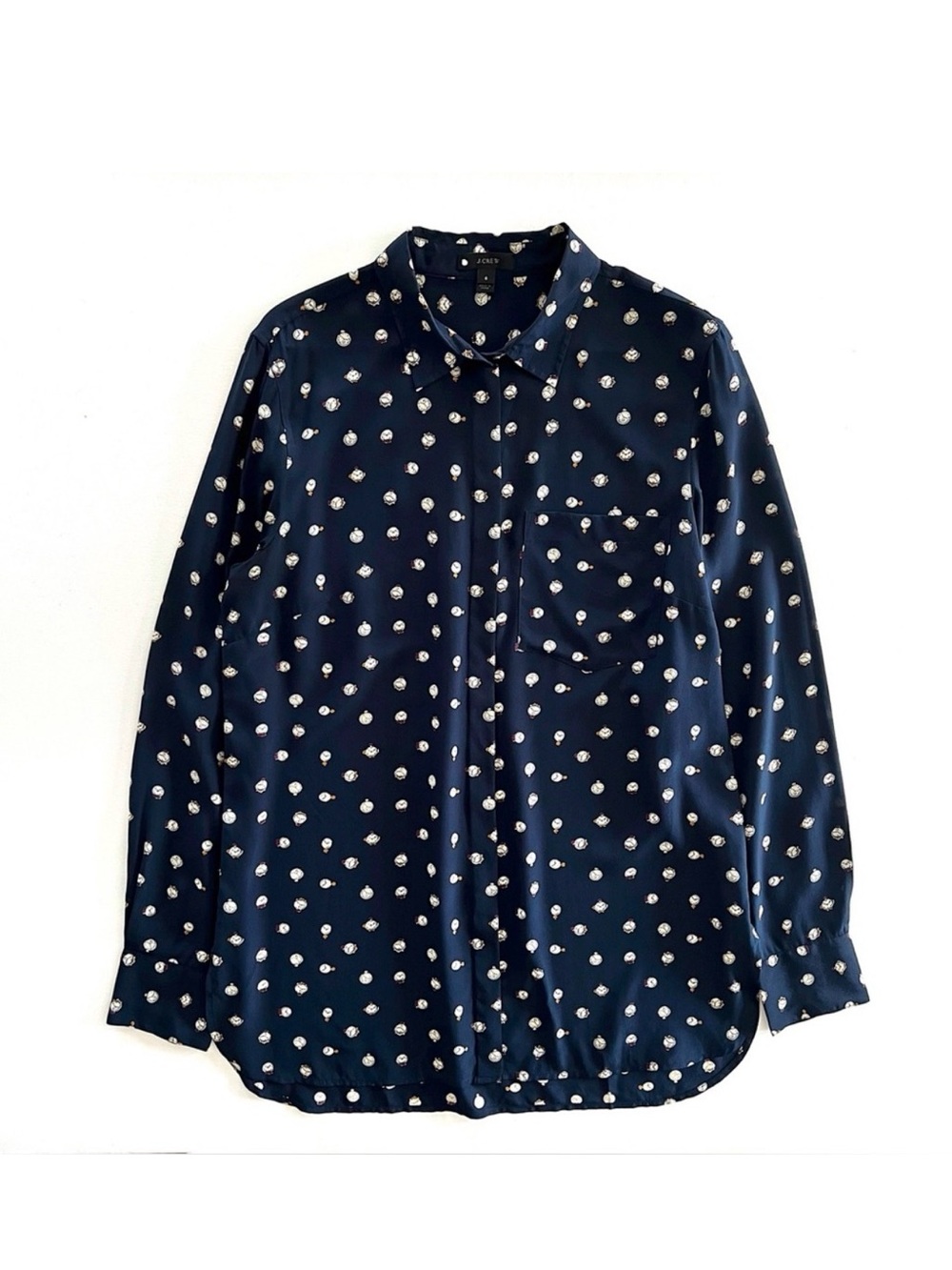 J.Crew Silk Tunic Blouse Tick Tock Clock Print Button Up Blouse Size 8